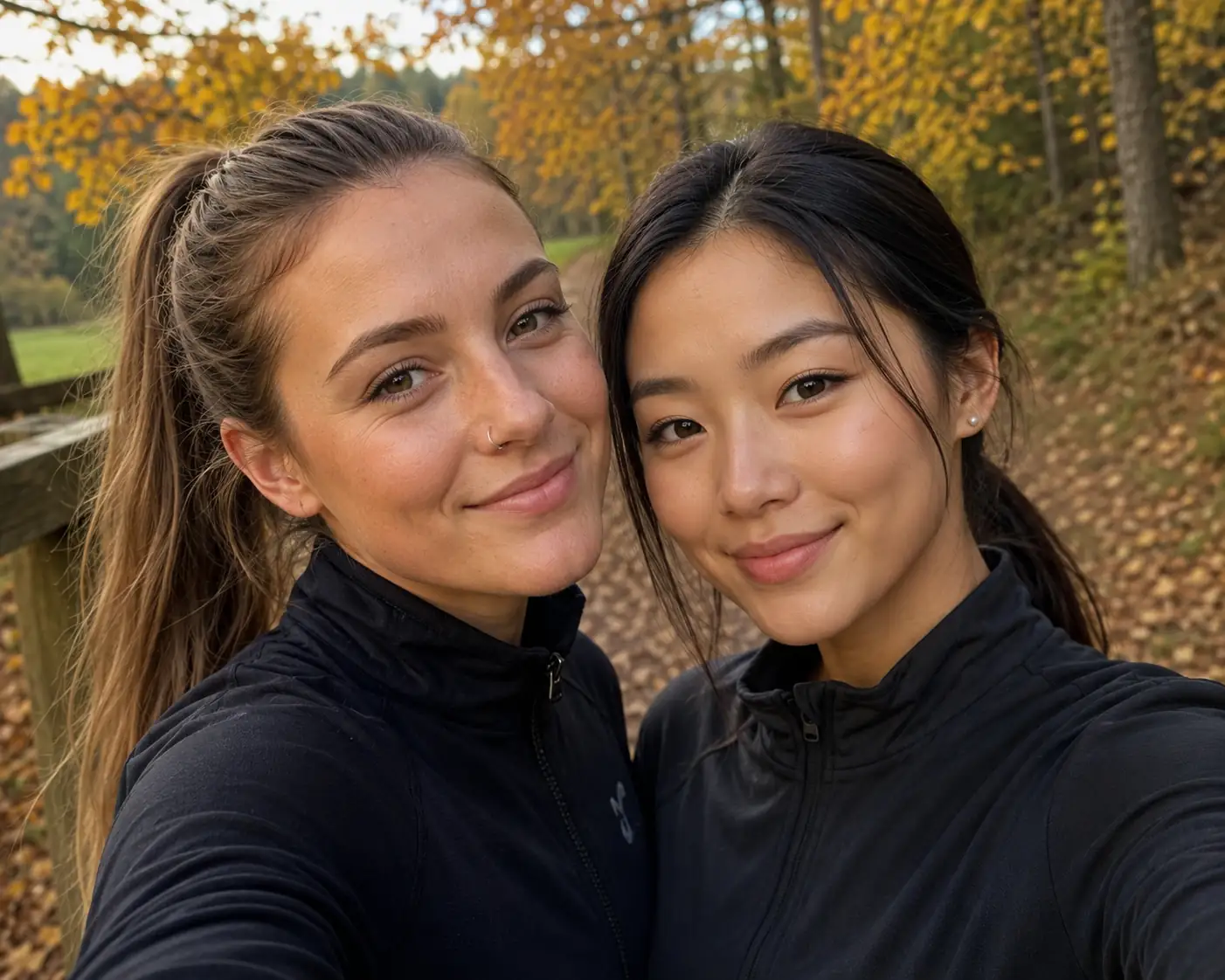 2 hübsche frauen im herbst look beim sport, elegant geschminkt