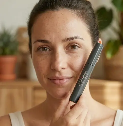 Frau 35 Jahre alt, geschminkt mit Charly Baron Mascara Testsieger Naturkosmtik