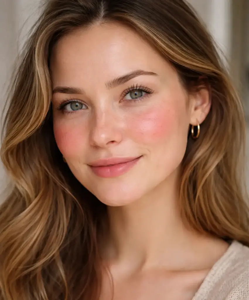 Junge Frau mit Rosazea Haut dezent geschminkt mir der Mineral Foundation von Charly Baron