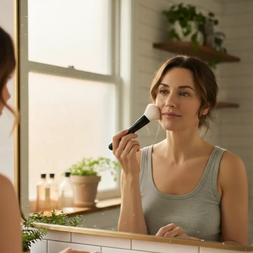 Frau steht vor dem Spiegel und schminckt sich mit Charly Baron Produkten.