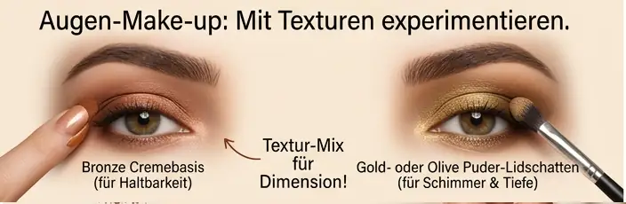 Experimentiere mit Texturen beim Augen-Make-up: Eine Cremebasis in Bronze sorgt für Haltbarkeit und intensive Farbe. Darüber setzt ein Puder-Lidschatten in Gold oder Olive schimmernde Akzente und gibt deinem Look Tiefe.