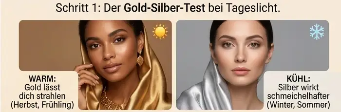 Mach den Gold-Silber-Test bei Tageslicht: Halte beide Schmuckfarben an dein Gesicht. Lässt dich Gold strahlen? Du bist ein warmer Typ (Herbst oder Frühling). Wirkt Silber schmeichelhafter? Dann gehörst du zu den kühlen Typen (Winter oder Sommer). So einfach findest du deinen Ausgangspunkt.