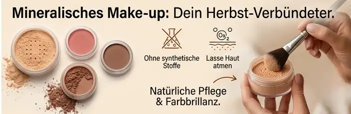 Mineralisches Make-up ist dein Verbündeter im Herbst – intensive Farbbrillanz ohne synthetische Duft-, Farb- und Konservierungsstoffe. Deine Haut kann atmen, was besonders wichtig ist, wenn trockene Heizungsluft die Hautbarriere herausfordert.